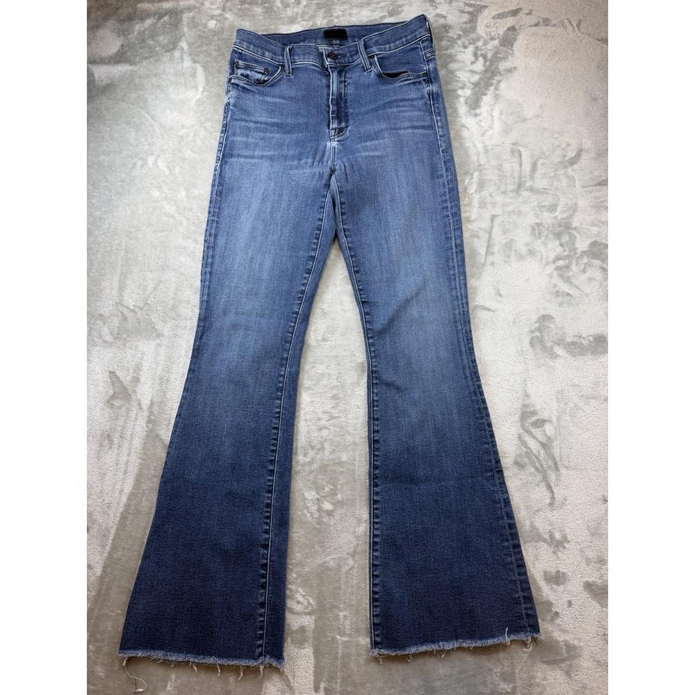 Mother The Weekender Fray Jeans Mint Condition Dark Blue Flare Raw Hem Size 27